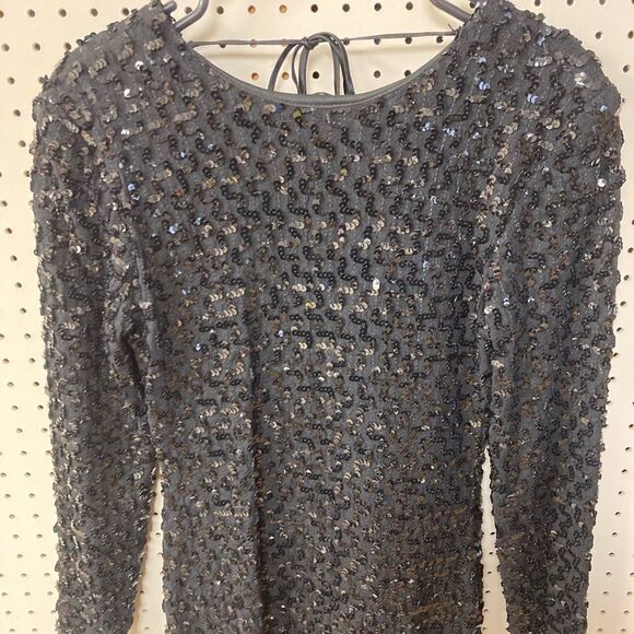 Vintage LoriAnn Sexy Black Sequinned Long Sleeve Plunge Back Mini Evening Dress - Picture 3 of 7